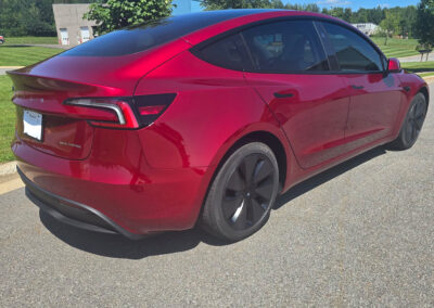 Red Tesla Model 3 Paint Protection - Angle View